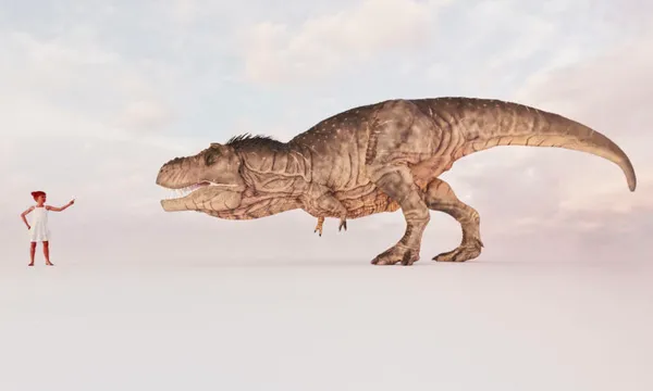 Child telling off T-rex