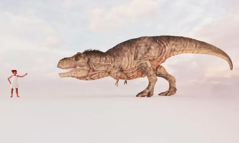 Child telling off T-rex