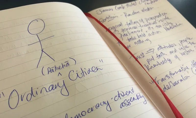 Writing in a notebook with the words 'ordinary citizen' (pākehā) written in the middle.