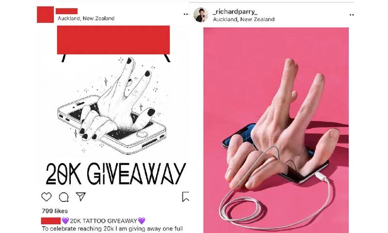 on the right, a photograph of hands coming out of a cellphone. on the left, a traced version of the photograph styled for tattooing.