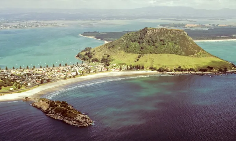 Aerial view of a coastal town beside a prominent green hill on a peninsula, with sandy beaches, blue-green ocean, and small offshore island; distant land visible across the water.