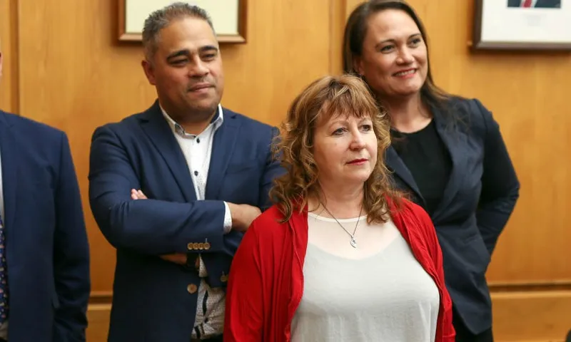 Clare Curran with Peeni Henare and Carmel Sepuloni behind her Getty Hagen Hopkins