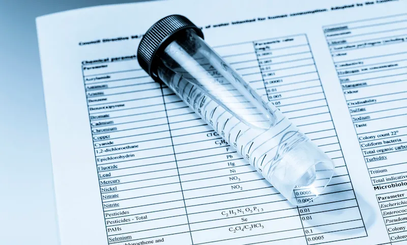 Test tube containing water and paperwork