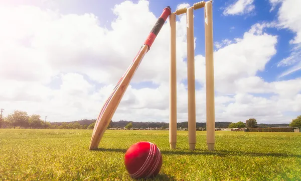 Cricket Bat, Ball and wickets in Cricket Ground.