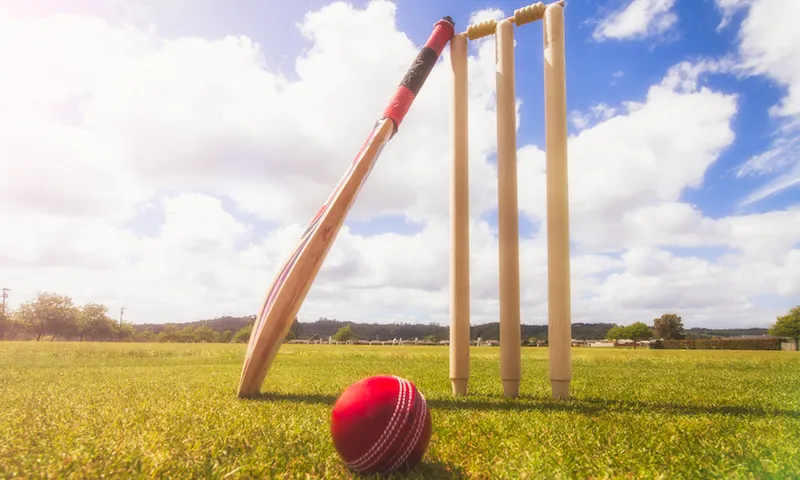 Cricket Bat, Ball and wickets in Cricket Ground.