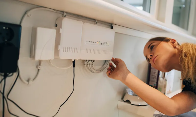 Teenage girl adjusting equipment mounted on wall at home