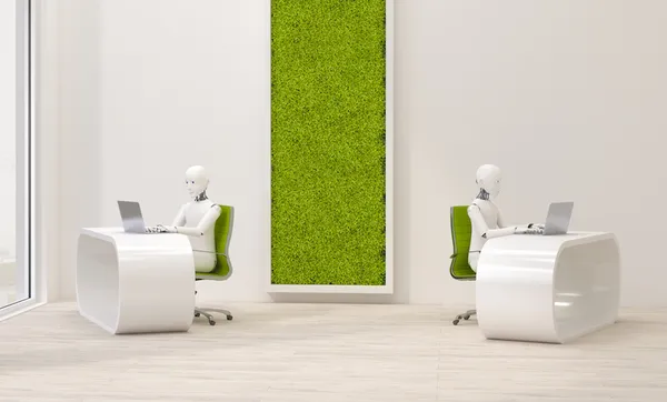 Robots using laptops in futuristic office , 3d rendering