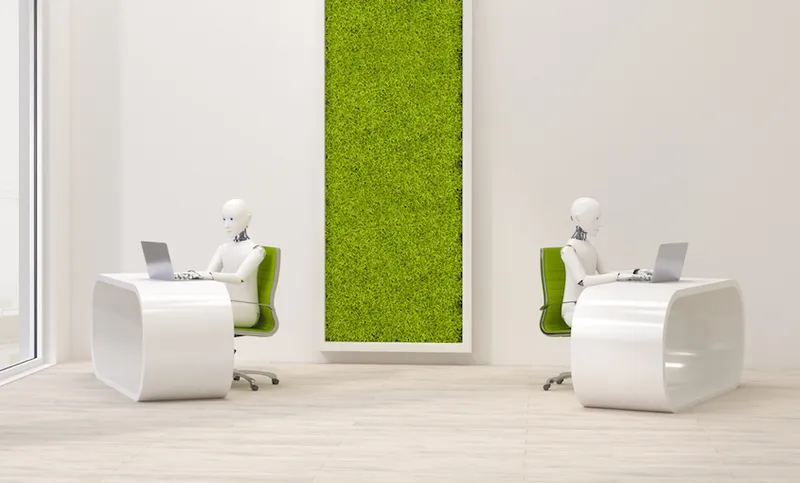 Robots using laptops in futuristic office , 3d rendering