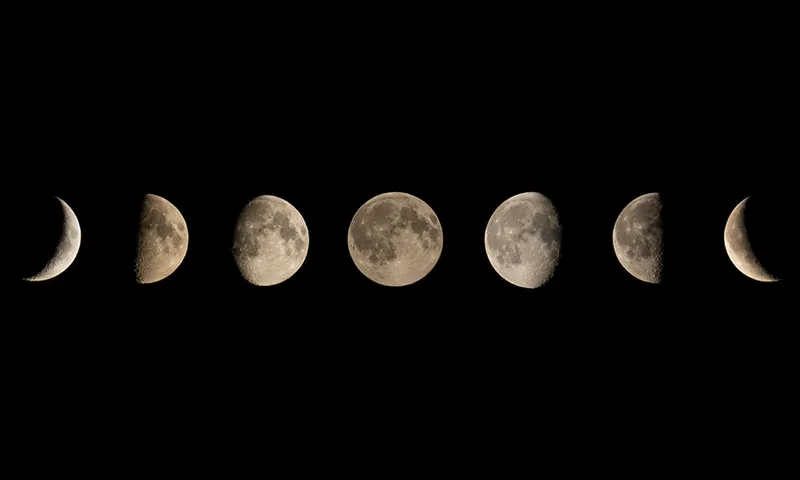 Six phases of the moon aligned horizontally against a black background, showing the progression from crescent to full moon and back to crescent.