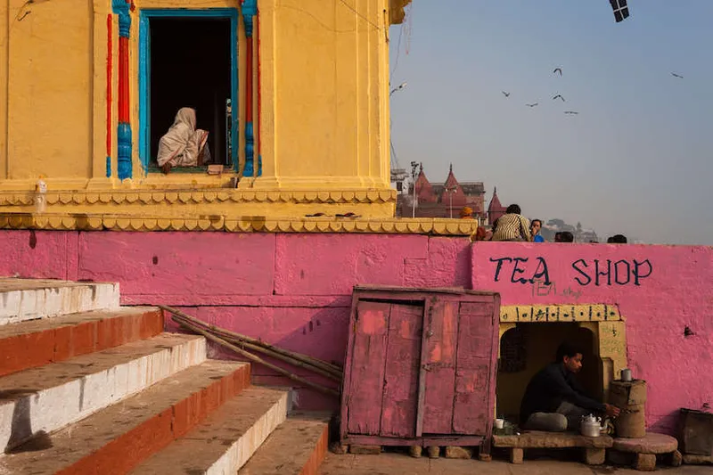 Daily life scene on the ghats of Benares by the Ganges river