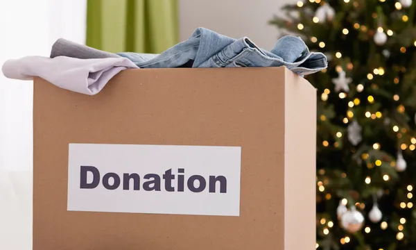 USA, Illinois, Metamora, Cardboard box with clothes in living room, Christmas tree in background
