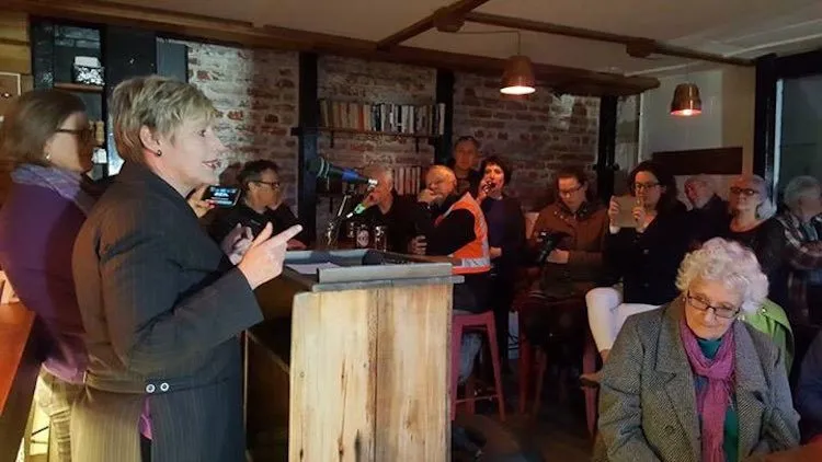 Mayor Lianne Dalziel addresses the crowd at Smash Palace, Christchurch