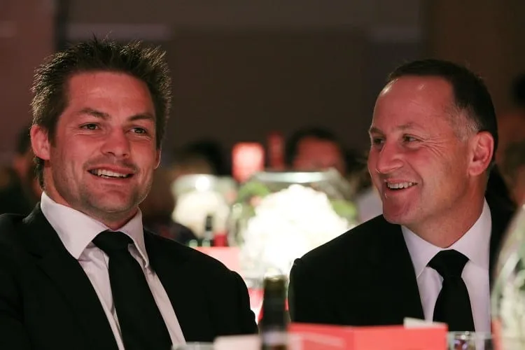 AUCKLAND, NEW ZEALAND - DECEMBER 14: All Black captain Richie McCaw, left with Prime Minister John Key during the 2012 Steinlager Rugby Awards at SkyCity Convention Centre on December 14, 2012 in Auckland, New Zealand.  (Photo by Fiona Goodall/Getty Images)