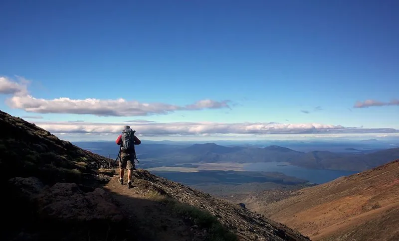 Tongariro Alpine Crossing with the Emerald Lakes and the Blue Lake, Tongariro National Park.North Island, New Zealand.