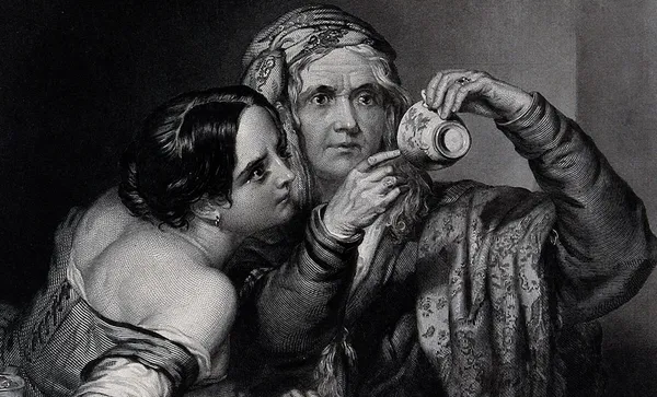 V0025926 An old fortune-teller is reading a young woman’s fortune by
