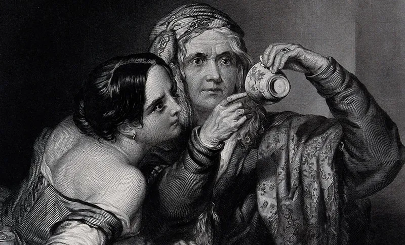 V0025926 An old fortune-teller is reading a young woman’s fortune by