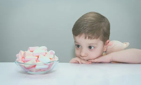 Boy hugging toy, looking at bowl of marshmallows