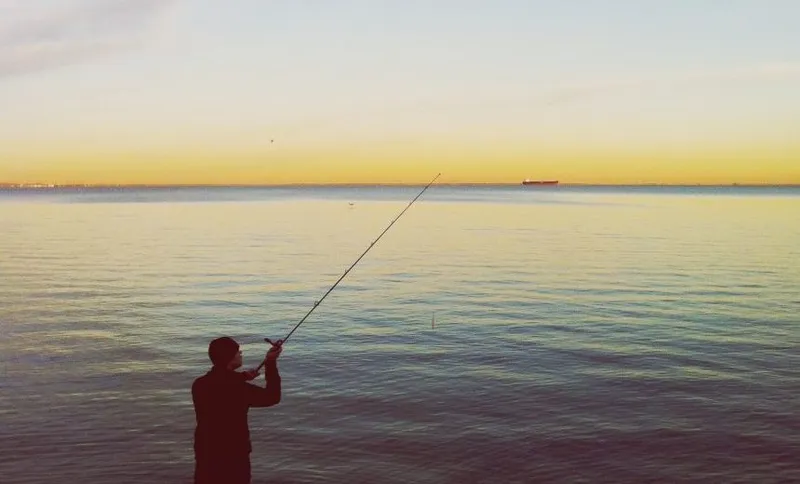 Rear View Of Man Fishing In Lake Against Sky