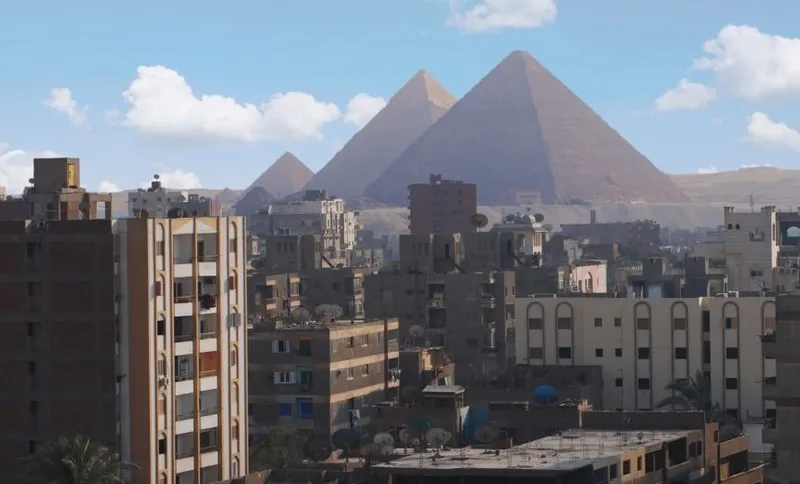 Landscape of Cairo, Egypt with the Giza pyramids behind