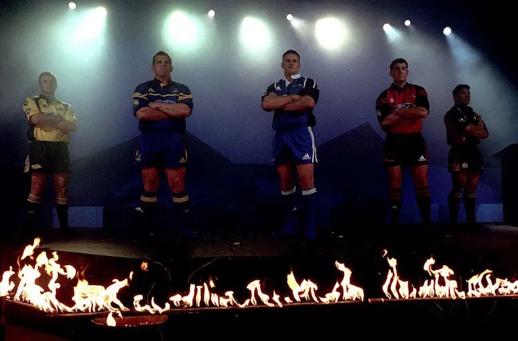 Daryl Lilley (Hurricanes), Anton Oliver (Highlanders), Xavier Rush (Blues), Mark Robinson (Crusaders) and Loki Crichton (Waikato) in  2001.  (Photo by Phil Walter/Getty Images)