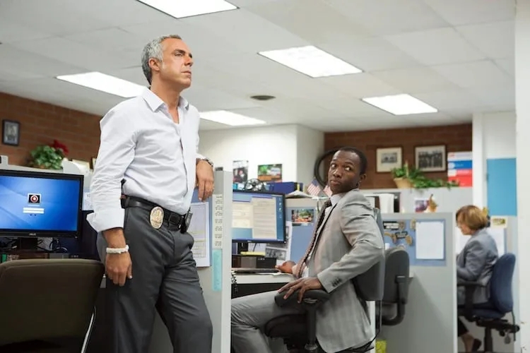 This photo provided by Amazon Content Services LLC shows, Titus Welliver, left, as Harry Bosch, and Jamie Hector as Jerry Edgar, in a scene from drama series, "Bosch." (AP Photo/Amazon Content Services LLC, Aaron Epstein)
