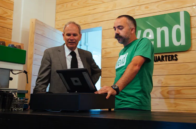 Auckland Mayor Len Brown and Rowsell at the Vend's Newmarket headquarters in October 2013 (photo: supplied)