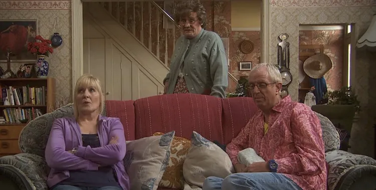 L-R: Jennifer Gibney (O'Carroll's wife) as Mrs Brown's daughter Cathy; O'Carroll as Mrs Brown; Rory Cowan (O'Carroll's publicist) as Rory (Mrs Brown's son)