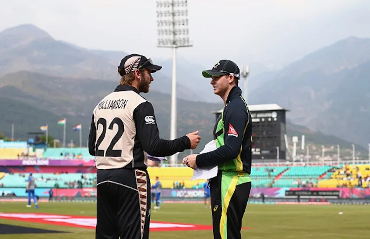 DHARAMSALA, INDIA - MARCH 18:  Kane Williamson of New Zealand and Steve Smith of Australia meet for the toss during the ICC World Twenty20 India 2016 Super 10s Group 2 match between Australia and New Zealand at HPCA Stadium on March 18, 2016 in Dharamsala, India.  (Photo by Ryan Pierse/Getty Images,)
