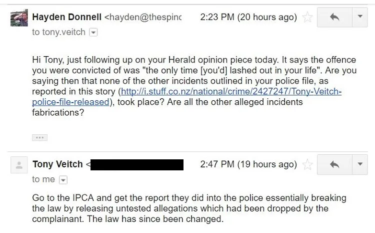 Emails exchanged yesterday between The Spinoff's Hayden Donnell and Tony Veitch.