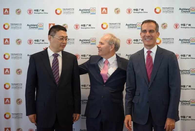 Guangzhou Vice-Mayor Wang Dong, Len Brown, and L.A Mayor Eric Garcetti