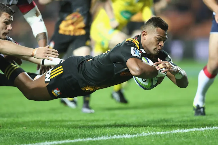 Seta Tamanivalu successfully levitates 30cm above the Waikato Stadium turf.  (Photo by Phil Walter/Getty Images)