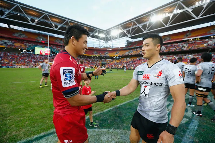 Ayumu Goromaru is reunited with his son Akihito Yamada. (Photo by Jason O'Brien/Getty Images for Japan Sunwolves)