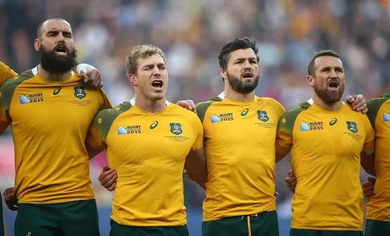 LONDON, ENGLAND - OCTOBER 25: Scott Fardy, David Pocock, Adam Ashley-Cooper and Matt Giteau of Australia sing the national anthem prior to the 2015 Rugby World Cup Semi Final match between Argentina and Australia at Twickenham Stadium on October 25, 2015 in London, United Kingdom. (Photo by Dan Mullan/Getty Images)