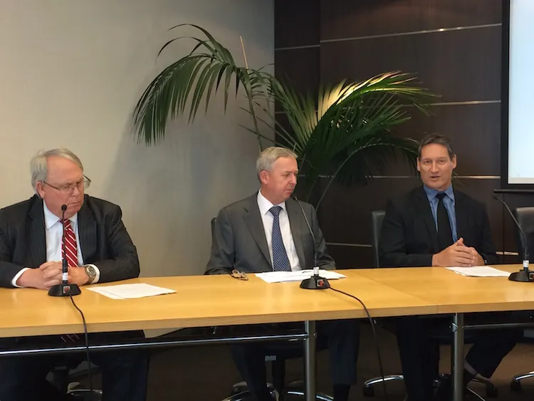 John Fellet, Peter Macourt and Russell Stanners at the Vodafone / Sky merger press conference