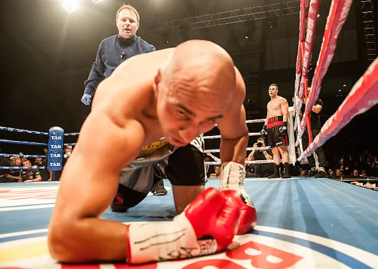 Yakup Saglam is knocked down by Joseph Parker during their bout on June 13, 2015 at Arena Manawatu (Photo by Mike Heydon/Getty Images)
