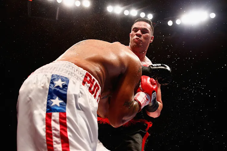Joseph Parker knocks down Jason Pettaway to win the fight at the Vodafone Events Centre in Manukau in March.  (Photo by Phil Walter/Getty Images)