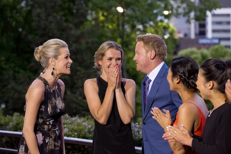 Brooke and Mitch receive some good news from The Block NZ host Shelley Ferguson. (Photo: TV3 / Hollow Creative)