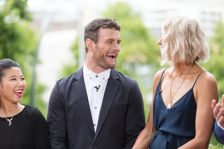 Cat and Jeremy delight at the prospect of driving away in a brand new Honda Jazz as The Block NZ People's Choice winners. (Photo: TV3 / Hollow Creative)