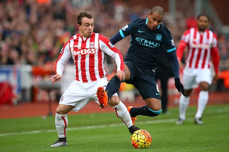 Xherdan Shaqiri models the handsome Stoke City long sleeve kit. (Photo by Alex Livesey/Getty Images)