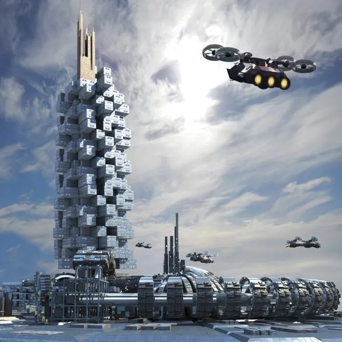 Futuristic city architecture with skyscraper, ring structure and hoovering aircrafts for futuristic, science fiction or fantasy backgrounds