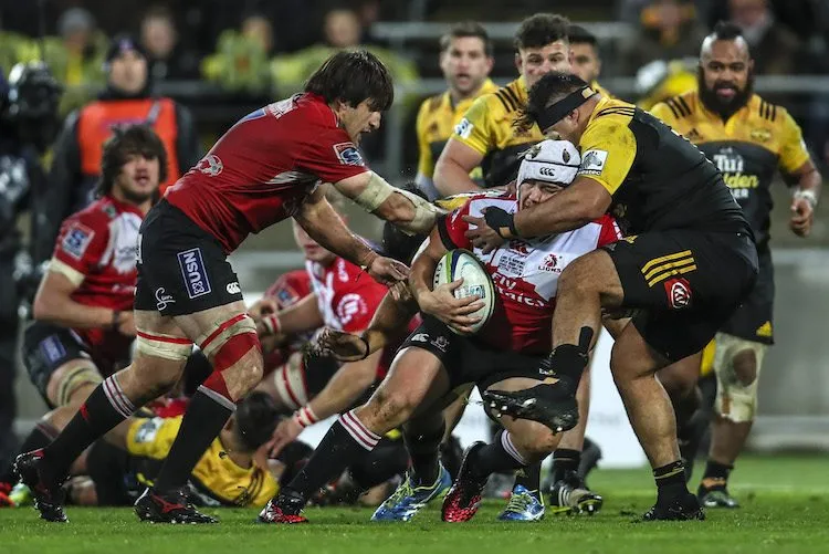 Lions prop Corne Fourie falls asleep from jetlag while running the ball. (Photo by Simon Watts/Getty Images)