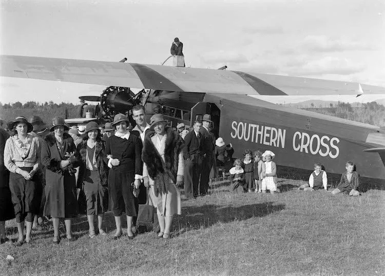 Waiuta locals put on their best clothes and travel to Ikamatua on March 14, 1934 to see a grand sight - Sir Charles Kingsford Smith landing his plane Southern Cross.