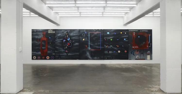 Shane Cotton, installation view of ‘The Haymaker Series I–V’, 2012. Image courtesy of the artist and Michael Lett. Photograph by Alex North
