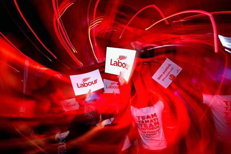 AUCKLAND, NEW ZEALAND - AUGUST 10: Labour supporters celebrate as leader of the Labour Party, David Cunliffe officially launches Labour's election campaign at Viaduct Events Centre on August 10, 2014 in Auckland, New Zealand. David Cunliffe will go head to head with current Prime Minister of New Zealand, John Key at the general election on 20 September 2014. (Photo by Phil Walter/Getty Images)