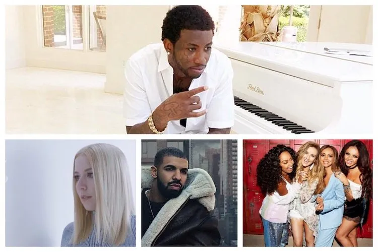 Clockwise from top: Gucci Mane, Little Mix, Drake, Austra