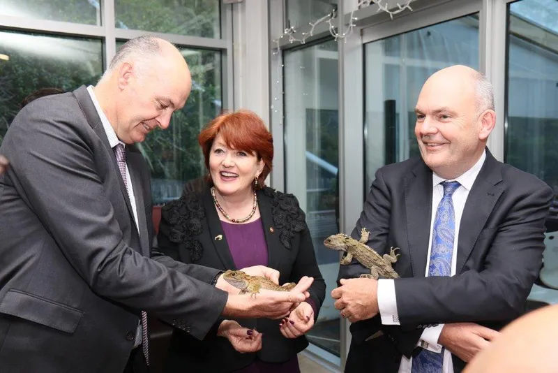 The Department of Conservation's Bruce Parkes, ministers Maggie Barry and Steven Joyce, and elderly friends launch Predator Free NZ 2050. Photo: DOC