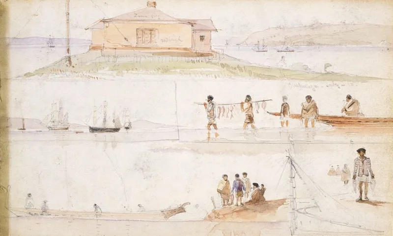 Through their bases at Onehunga, Māngere and elsewhere, the Waikato iwi had ready access to the Auckland market for their produce in the pre-Waikato War period. These sketches depict trading activities at Onehunga. Reference: Alexander Turnbull Library, B-045-001, watercolour by Edward Arthur Williams