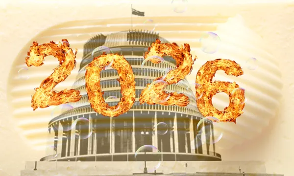 The year "2026" appears in fiery numbers over a blurred government building, with a background of textured butter and floating soap bubbles.