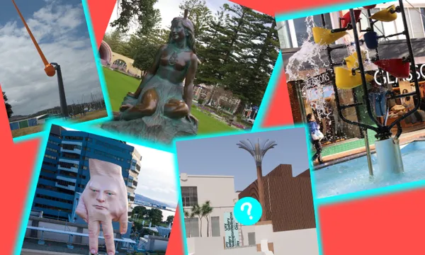 A collage of unusual public art and sculptures, including a giant hand with a face, a bronze mermaid, colorful water play structures, and other quirky outdoor installations on a red background.