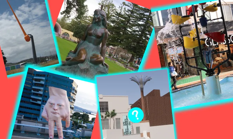 A collage of unusual public art and sculptures, including a giant hand with a face, a bronze mermaid, colorful water play structures, and other quirky outdoor installations on a red background.